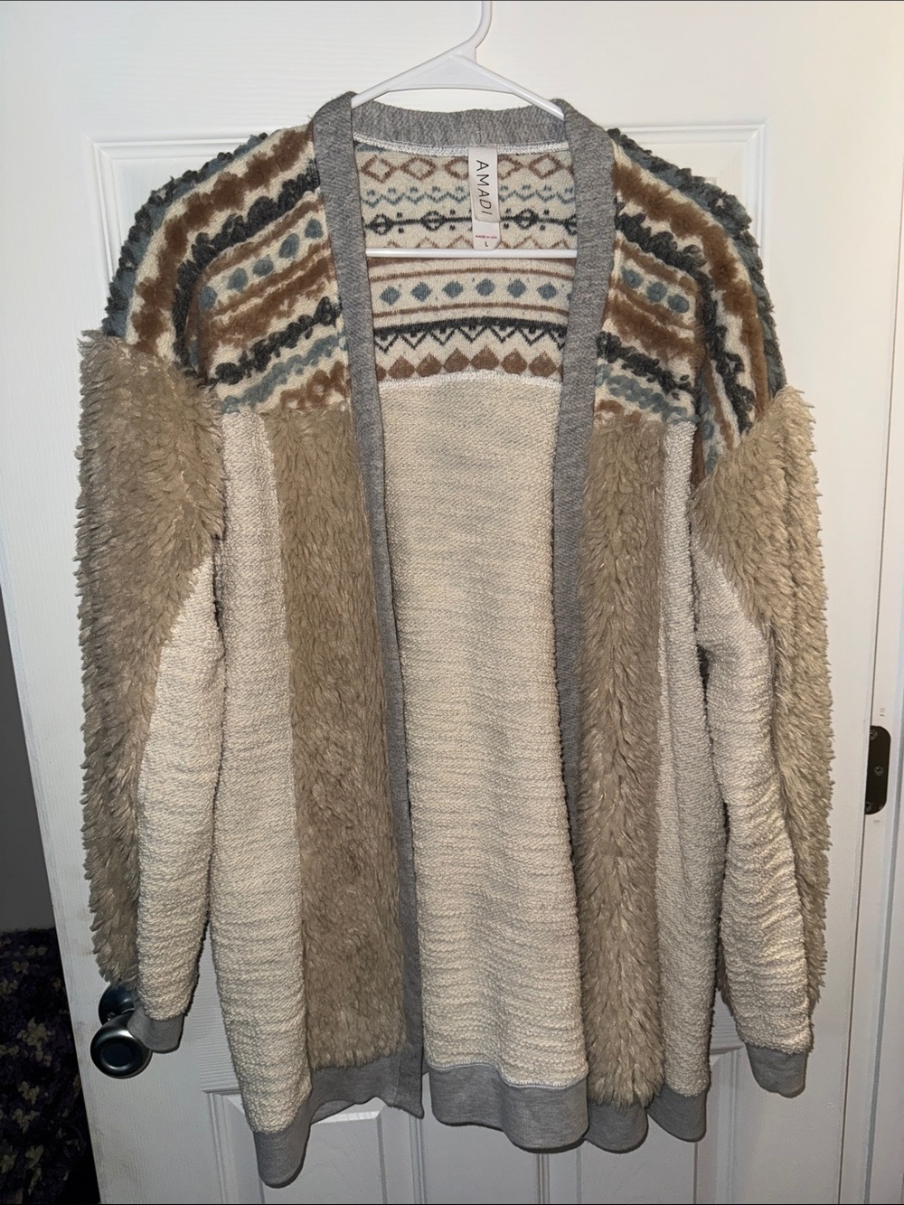 AMADI Cream and Tan Mixed-Texture Open Cardigan
